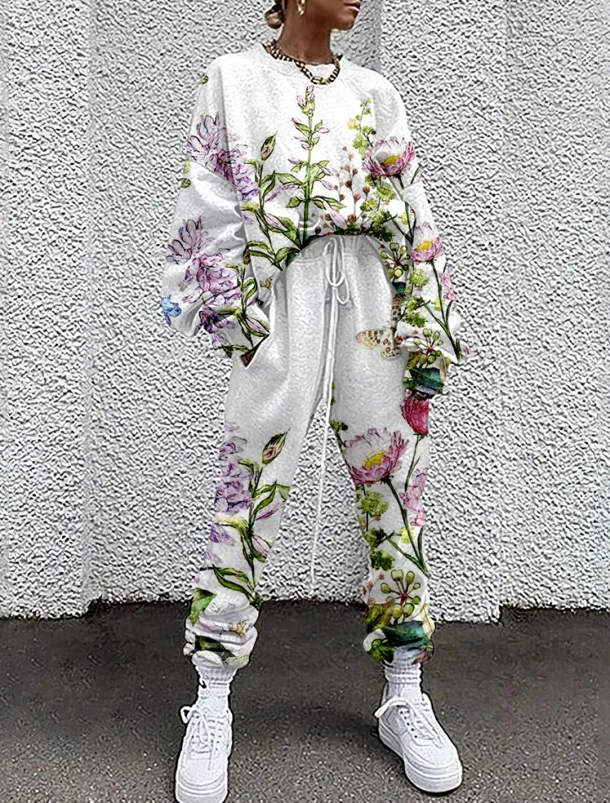 Women's Streetwear Basic T Shirt Tracksuit Pants Sets Long Sleeve Crew Neck Floral Drawstring Print Vacation Casual Daily White Yellow Red Fall & Winter Loose Fit