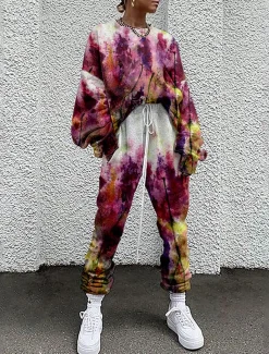 Women's Streetwear Basic T Shirt Tracksuit Pants Sets Long Sleeve Crew Neck Floral Drawstring Print Vacation Casual Daily White Yellow Red Fall & Winter Loose Fit