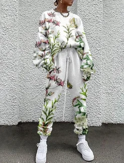 Women's Streetwear Basic T Shirt Tracksuit Pants Sets Long Sleeve Crew Neck Floral Drawstring Print Vacation Casual Daily White Yellow Red Fall & Winter Loose Fit