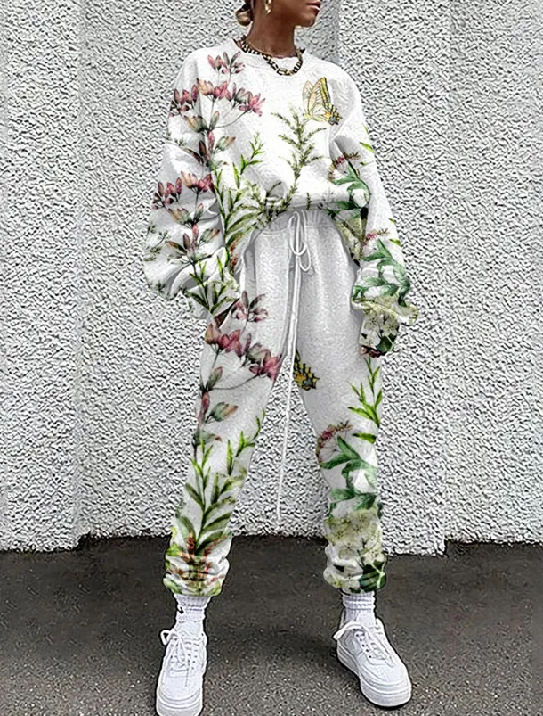 Women's Streetwear Basic T Shirt Tracksuit Pants Sets Long Sleeve Crew Neck Floral Drawstring Print Vacation Casual Daily White Yellow Red Fall & Winter Loose Fit