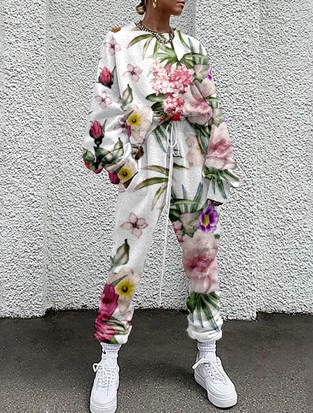 Women's Streetwear Basic T Shirt Tracksuit Pants Sets Long Sleeve Crew Neck Floral Drawstring Print Vacation Casual Daily White Yellow Red Fall & Winter Loose Fit