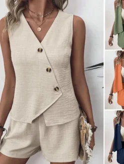 Women's Streetwear Daily Blouse Shorts Sets Sleeveless V Neck Solid Color Dubbele Rij Knopen Outdoor Vacation Light Green Dark Navy Orange Summer Regular Fit