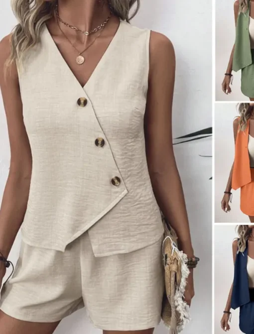 Women's Streetwear Daily Blouse Shorts Sets Sleeveless V Neck Solid Color Dubbele Rij Knopen Outdoor Vacation Light Green Dark Navy Orange Summer Regular Fit