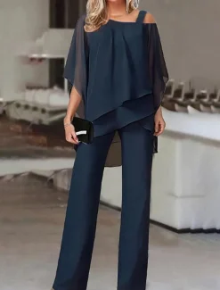 Women's Streetwear Daily Shirt Pants Sets Wide Leg Pants Trousers Jumpsuit Short Sleeve One Shoulder Solid Color Casual Daily White Dark Navy Blue Fall & Winter Regular Fit