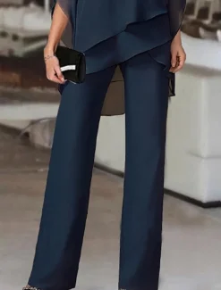 Women's Streetwear Daily Shirt Pants Sets Wide Leg Pants Trousers Jumpsuit Short Sleeve One Shoulder Solid Color Casual Daily White Dark Navy Blue Fall & Winter Regular Fit