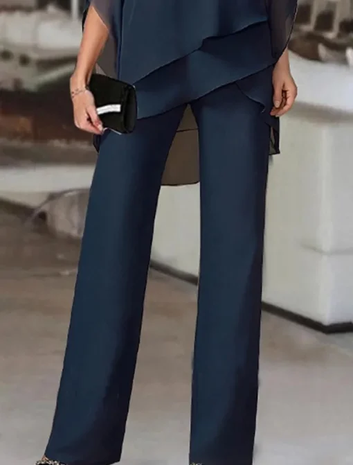 Women's Streetwear Daily Shirt Pants Sets Wide Leg Pants Trousers Jumpsuit Short Sleeve One Shoulder Solid Color Casual Daily White Dark Navy Blue Fall & Winter Regular Fit