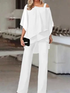 Women's Streetwear Daily Shirt Pants Sets Wide Leg Pants Trousers Jumpsuit Short Sleeve One Shoulder Solid Color Casual Daily White Dark Navy Blue Fall & Winter Regular Fit