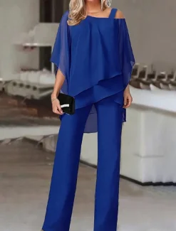 Women's Streetwear Daily Shirt Pants Sets Wide Leg Pants Trousers Jumpsuit Short Sleeve One Shoulder Solid Color Casual Daily White Dark Navy Blue Fall & Winter Regular Fit