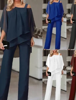 Women's Streetwear Daily Shirt Pants Sets Wide Leg Pants Trousers Jumpsuit Short Sleeve One Shoulder Solid Color Casual Daily White Dark Navy Blue Fall & Winter Regular Fit