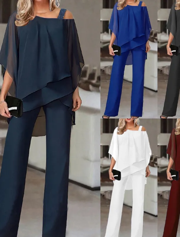 Women's Streetwear Daily Shirt Pants Sets Wide Leg Pants Trousers Jumpsuit Short Sleeve One Shoulder Solid Color Casual Daily White Dark Navy Blue Fall & Winter Regular Fit