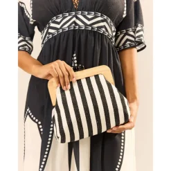 Women's Striped Canvas Crossbody Bag – Retro Wooden Frame Small Shoulder Purse with Adjustable Strap – Black and Beige, Ideal for Casual Outings and Travel