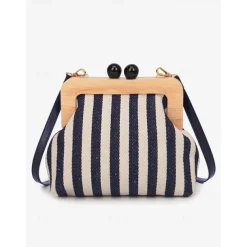 Women's Striped Canvas Crossbody Bag – Retro Wooden Frame Small Shoulder Purse with Adjustable Strap – Black and Beige, Ideal for Casual Outings and Travel