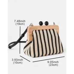 Women's Striped Canvas Crossbody Bag – Retro Wooden Frame Small Shoulder Purse with Adjustable Strap – Black and Beige, Ideal for Casual Outings and Travel
