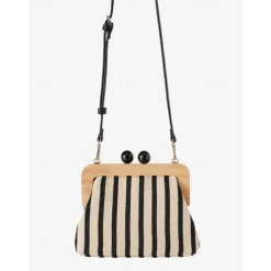 Women's Striped Canvas Crossbody Bag – Retro Wooden Frame Small Shoulder Purse with Adjustable Strap – Black and Beige, Ideal for Casual Outings and Travel