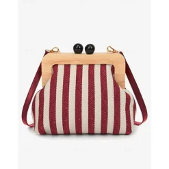 Women's Striped Canvas Crossbody Bag – Retro Wooden Frame Small Shoulder Purse with Adjustable Strap – Black and Beige, Ideal for Casual Outings and Travel