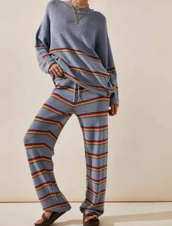 Women's Striped Sweater Set Crew Neck Knit Knitted Fall Winter Work Streetwear Casual Long Sleeve Striped Blue Green