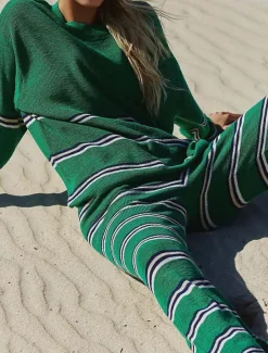 Women's Striped Sweater Set Crew Neck Knit Knitted Fall Winter Work Streetwear Casual Long Sleeve Striped Blue Green