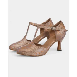 Women's Stylish Metallic Latin Dance Shoes with Soft Suede Sole and T-Strap | Perfect for Practice and Performances