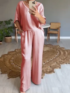 Women's Stylish T Shirt Wide Leg Pants 3/4 Length Sleeve V Neck Plain Holiday Weekend Silver Black Pink Summer Regular Fit
