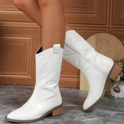 Women's Stylish White Cowboy Boots Mid-Calf Boots with Embroidered Detailing for Casual and Western Outfits