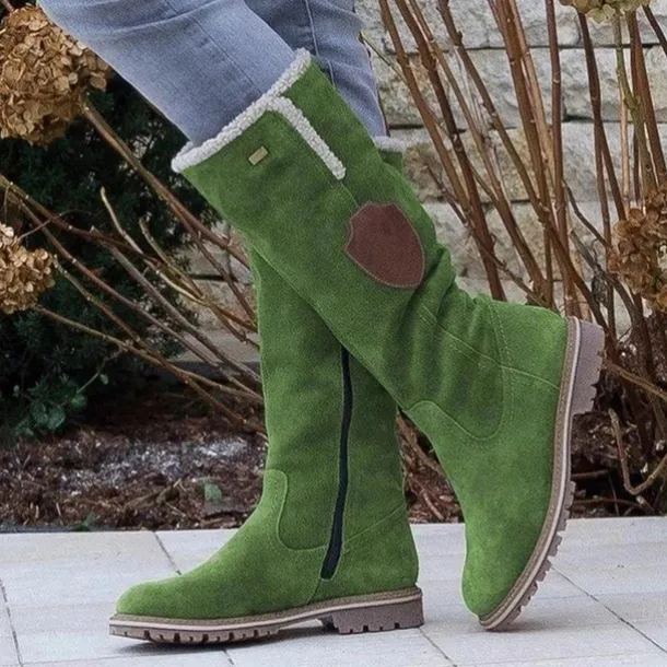 Women's Suede Knee-High Boots with Fleece Lining - Brown Winter Casual Boots for Outdoor Activities