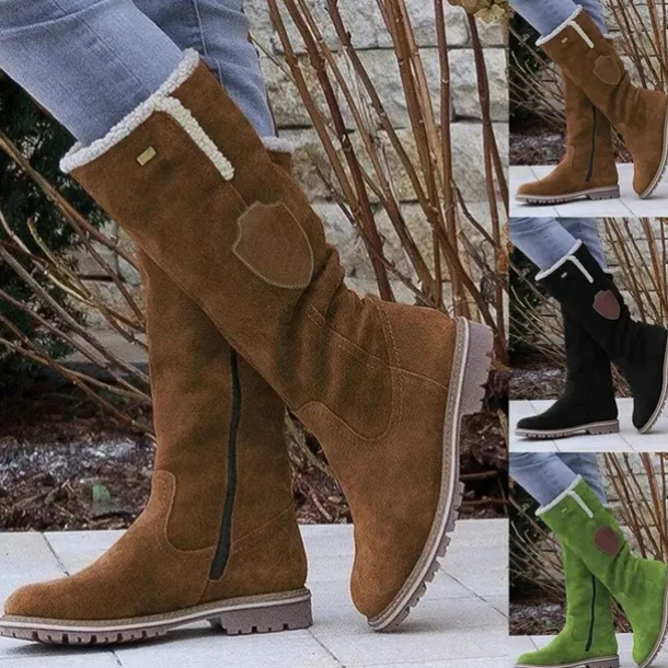 Women's Suede Knee-High Boots with Fleece Lining - Brown Winter Casual Boots for Outdoor Activities