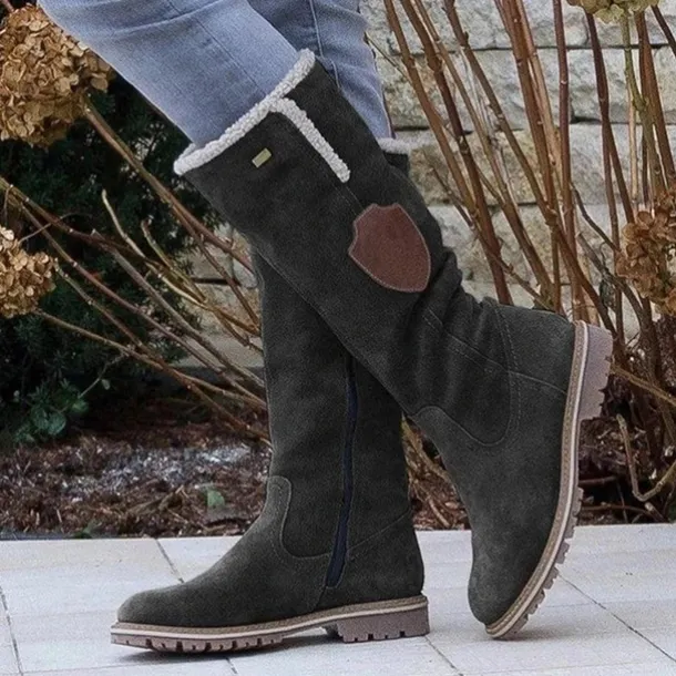 Women's Suede Knee-High Boots with Fleece Lining - Brown Winter Casual Boots for Outdoor Activities