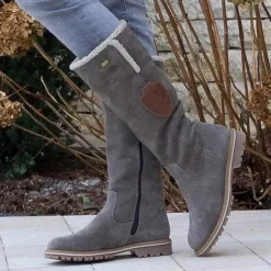 Women's Suede Knee-High Boots with Fleece Lining - Brown Winter Casual Boots for Outdoor Activities