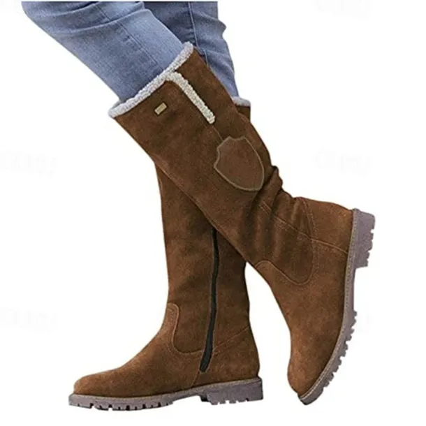 Women's Suede Knee-High Boots with Fleece Lining - Brown Winter Casual Boots for Outdoor Activities