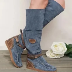 Women's Suede Knee-High Boots with Wedge Heel and Buckle Strap - Bohemian Style Casual Boots in Denim Blue