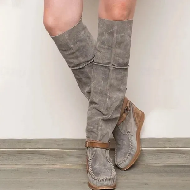 Women's Suede Knee-High Boots with Wedge Heel and Buckle Strap - Bohemian Style Casual Boots in Denim Blue