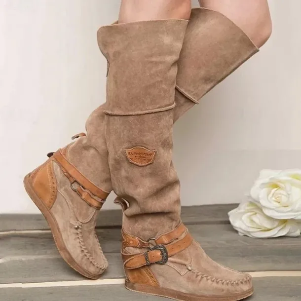 Women's Suede Knee-High Boots with Wedge Heel and Buckle Strap - Bohemian Style Casual Boots in Denim Blue