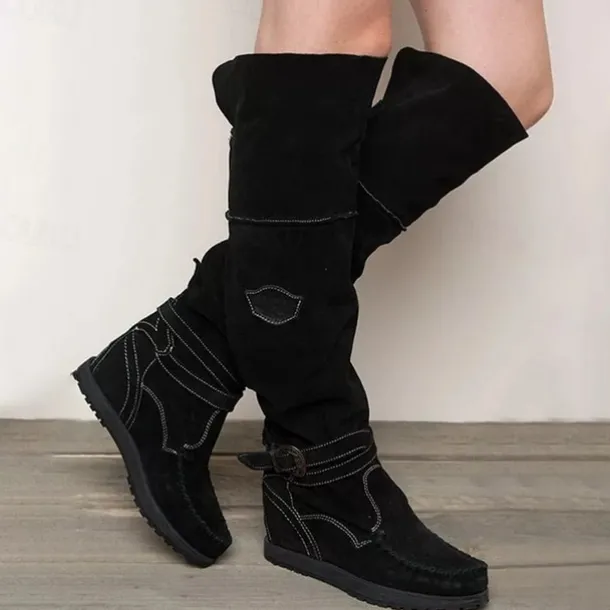 Women's Suede Knee-High Boots with Wedge Heel and Buckle Strap - Bohemian Style Casual Boots in Denim Blue