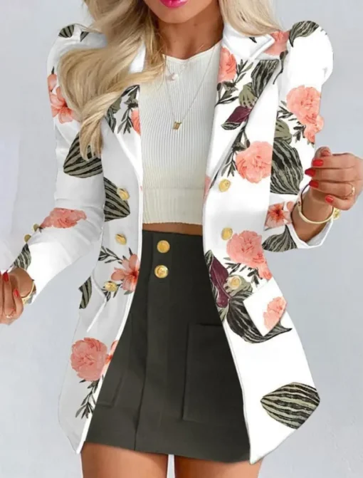 Women's Suits Blazer Comfortable Breathable Pocket Print Fashion Casual Floral Office Street Casual Daily Wear Single Breasted Short Turndown Regular Fit Long Sleeve Outerwear Black White Yellow