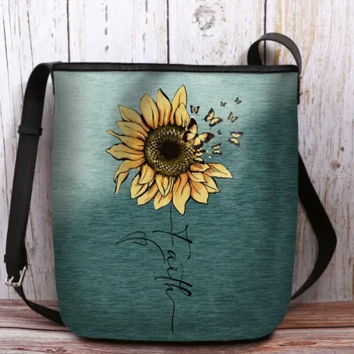 Women's Sunflower Print Crossbody Bag - Large Capacity Waterproof Fabric Shoulder Bag with Adjustable Shoulder Strap, Inspired "Faith" Design, Suitable for Leisure, Travel and Daily Use