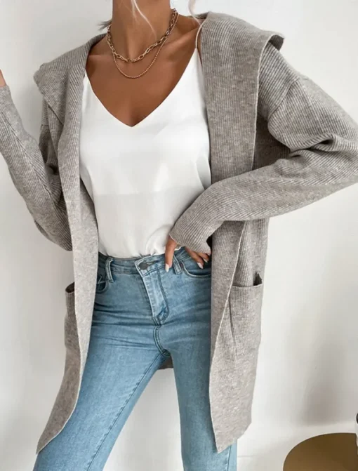 Women's Sweater Cardigan Casual Soft Pure Color Ribbed Hooded Pocket Knitted Long Sleeve Regular Tops Knit Outdoor Daily Weekend Green Khaki Fall Winter