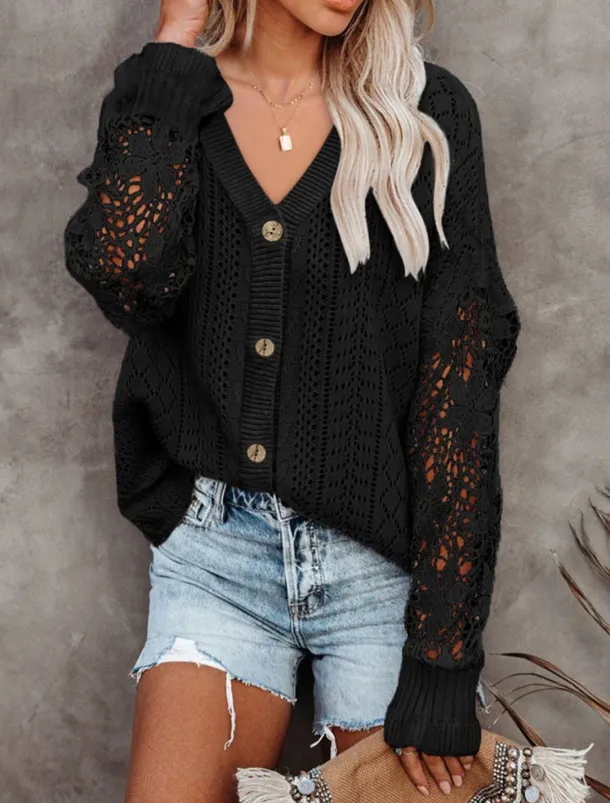 Women's Sweater Cardigan Casual Soft Pure Color Ribbed V Neck Buttons Knitted Hole Long Sleeve Regular Tops Knit Outdoor Daily Weekend Black White Fall Winter
