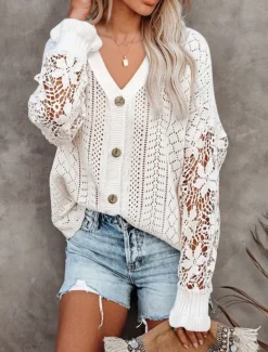 Women's Sweater Cardigan Casual Soft Pure Color Ribbed V Neck Buttons Knitted Hole Long Sleeve Regular Tops Knit Outdoor Daily Weekend Black White Fall Winter