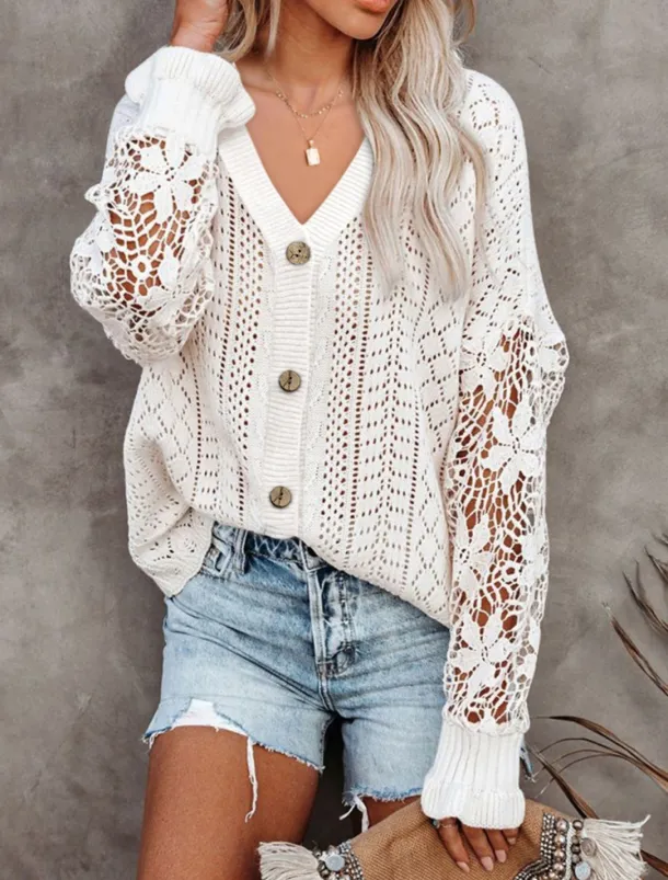 Women's Sweater Cardigan Casual Soft Pure Color Ribbed V Neck Buttons Knitted Hole Long Sleeve Regular Tops Knit Outdoor Daily Weekend Black White Fall Winter