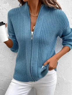 Women's Sweater Cardigan Casual Soft Pure Color Ribbed Stand Collar Zipper Knitted Long Sleeve Regular Tops Knit Outdoor Daily Weekend Blue Fall Winter