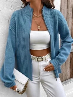 Women's Sweater Cardigan Casual Soft Pure Color Ribbed Stand Collar Zipper Knitted Long Sleeve Regular Tops Knit Outdoor Daily Weekend Blue Fall Winter