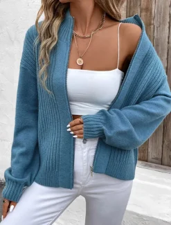Women's Sweater Cardigan Casual Soft Pure Color Ribbed Stand Collar Zipper Knitted Long Sleeve Regular Tops Knit Outdoor Daily Weekend Blue Fall Winter