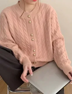 Women's Sweater Cardigan Casual Soft Pure Color Cable Crew Neck Buttons Knitted Long Sleeve Regular Tops Knit Outdoor Daily Weekend White Pink Fall Winter