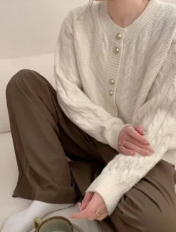Women's Sweater Cardigan Casual Soft Pure Color Cable Crew Neck Buttons Knitted Long Sleeve Regular Tops Knit Outdoor Daily Weekend White Pink Fall Winter