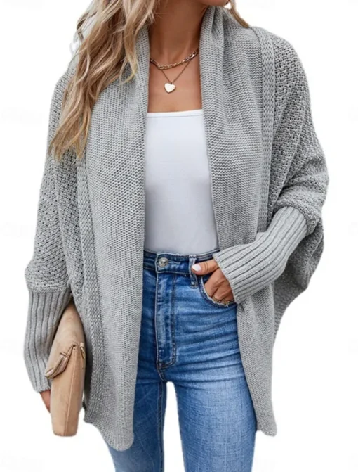 Women's Sweater Cardigan Casual Soft Pure Color Ribbed Open Front Knitted Batwing Sleeve Long Sleeve Regular Tops Knit Outdoor Daily Weekend Black Pink Fall Winter