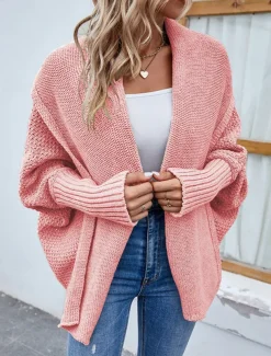 Women's Sweater Cardigan Casual Soft Pure Color Ribbed Open Front Knitted Batwing Sleeve Long Sleeve Regular Tops Knit Outdoor Daily Weekend Black Pink Fall Winter