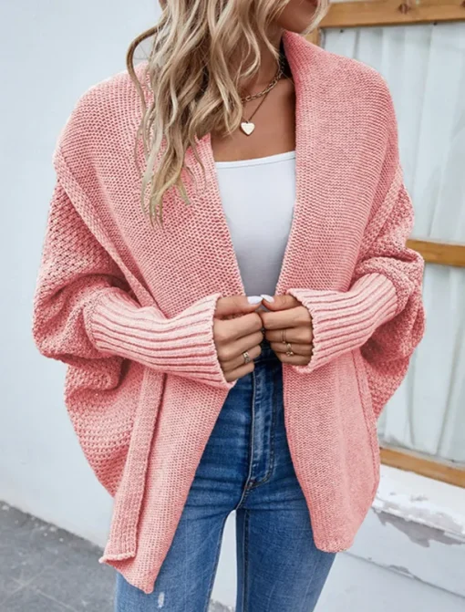 Women's Sweater Cardigan Casual Soft Pure Color Ribbed Open Front Knitted Batwing Sleeve Long Sleeve Regular Tops Knit Outdoor Daily Weekend Black Pink Fall Winter