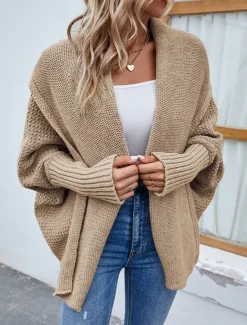 Women's Sweater Cardigan Casual Soft Pure Color Ribbed Open Front Knitted Batwing Sleeve Long Sleeve Regular Tops Knit Outdoor Daily Weekend Black Pink Fall Winter