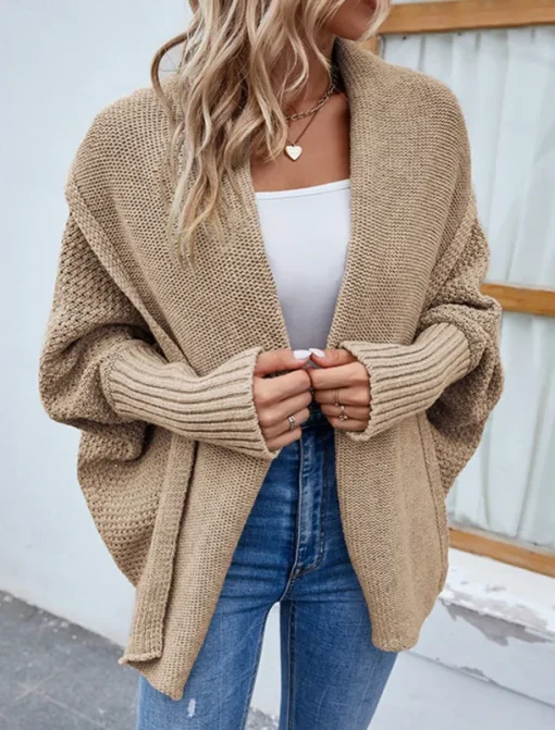 Women's Sweater Cardigan Casual Soft Pure Color Ribbed Open Front Knitted Batwing Sleeve Long Sleeve Regular Tops Knit Outdoor Daily Weekend Black Pink Fall Winter