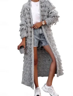 Women's Sweater Cardigan Casual Soft Pure Color Ribbed Open Front Tassel Knitted Long Sleeve Long Tops Knit Outdoor Daily Weekend Black Khaki Fall Winter